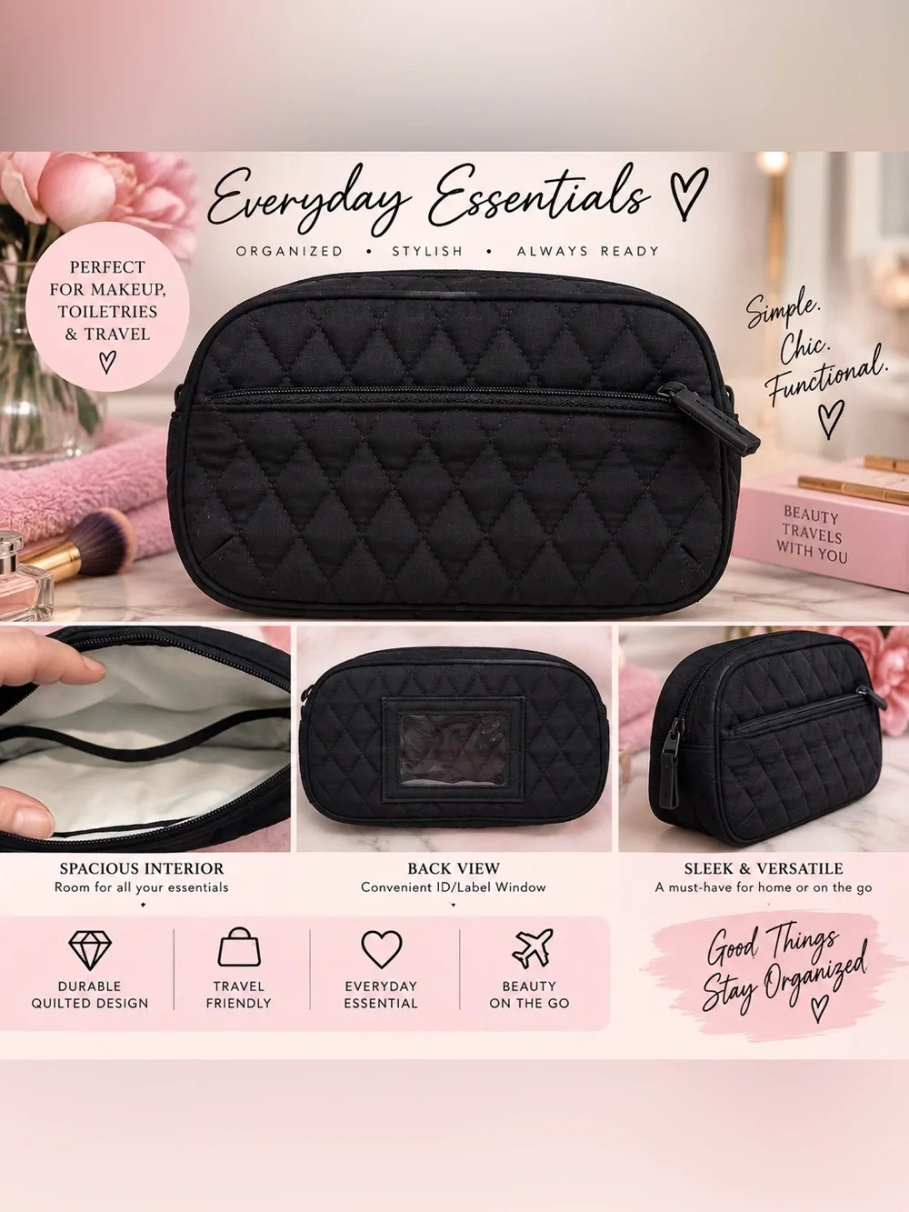 Vera Bradley Black Quilted Cosmetic Pouch
